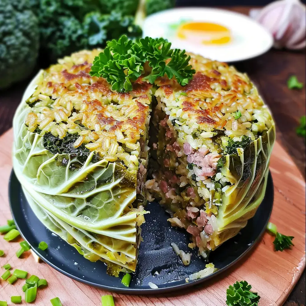 Un tourteau de chou garni de riz, viande hachée et légumes, posé sur une assiette, décoré de quelques feuilles de persil.
