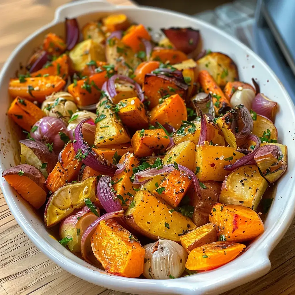 Un assortiment coloré de légumes au four avec carottes, oignons et courges, agrémenté de persil et poivre noir.