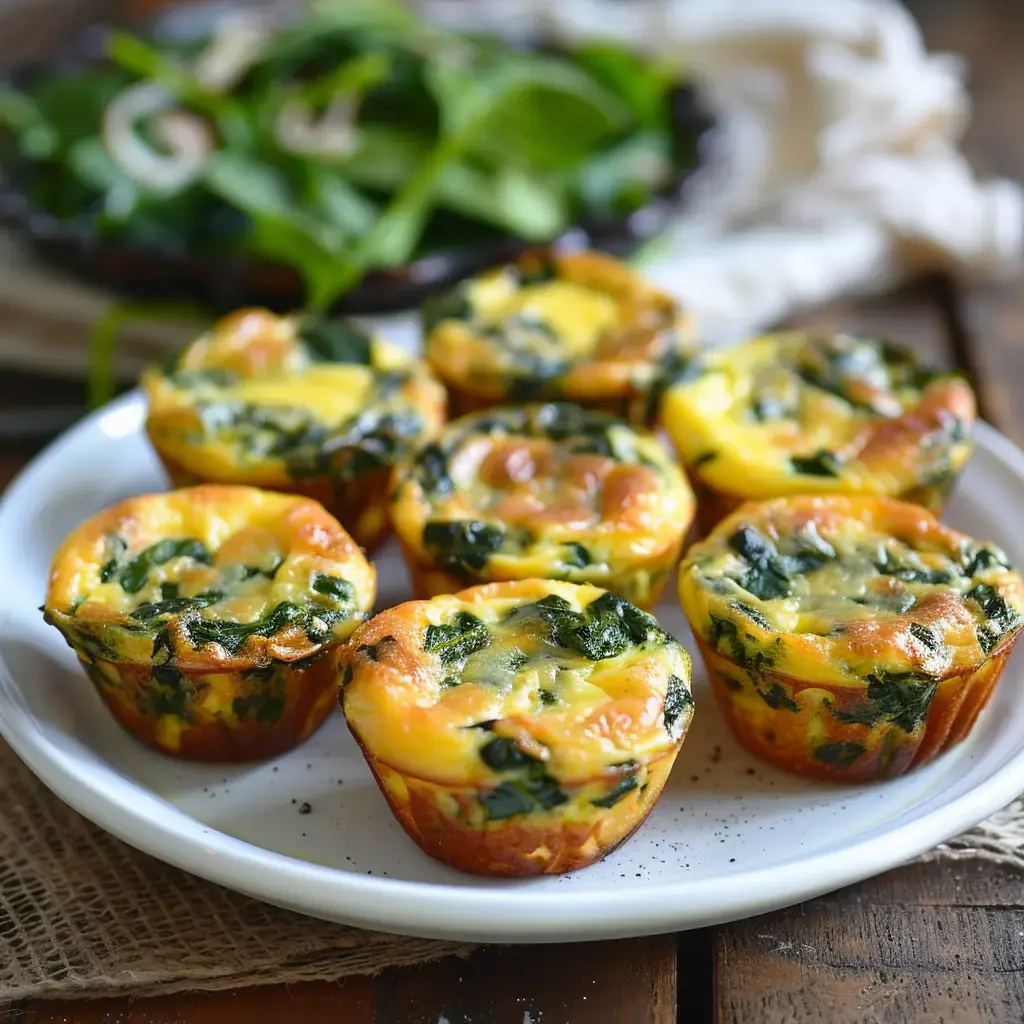 Bouchées moelleuses aux épinards, joliment dorées, accompagnées d'une fraîche salade verte sur le côté.
