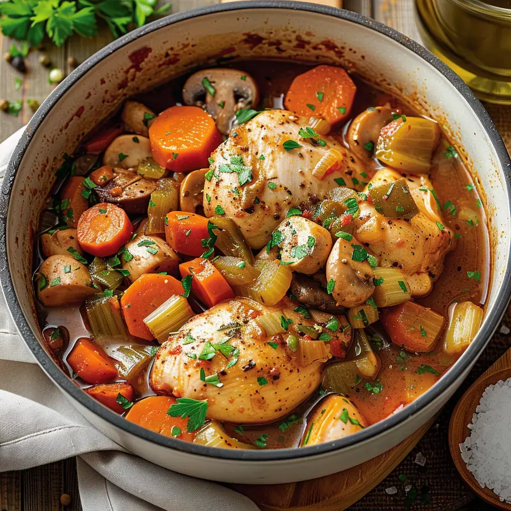 Un ragoût de poulet avec carottes, champignons et céleri, parsemé de persil frais.
