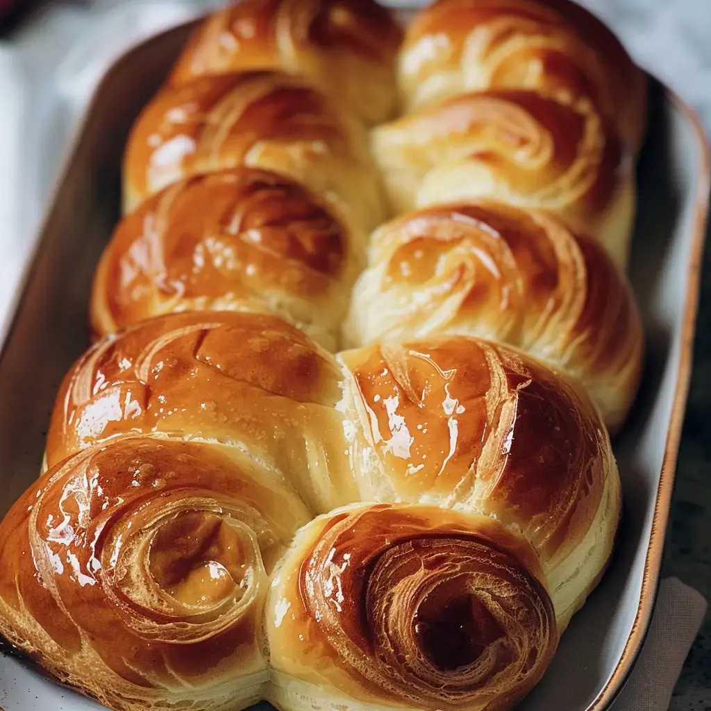 Une brioche appétissante à la belle couleur dorée est servie dans un plat de service.