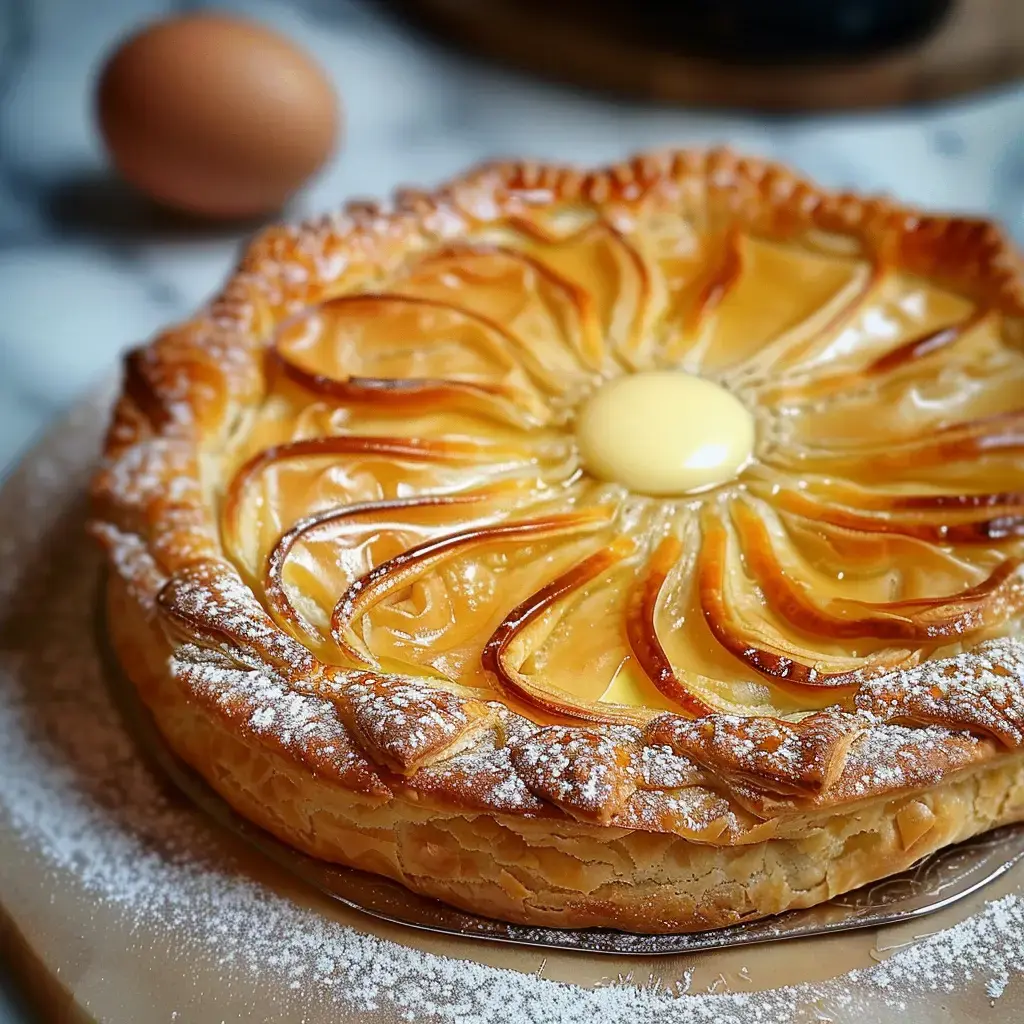 Une tarte aux pommes décorée artistiquement avec un cœur crémeux et une croûte bien dorée, avec un œuf posé à côté.