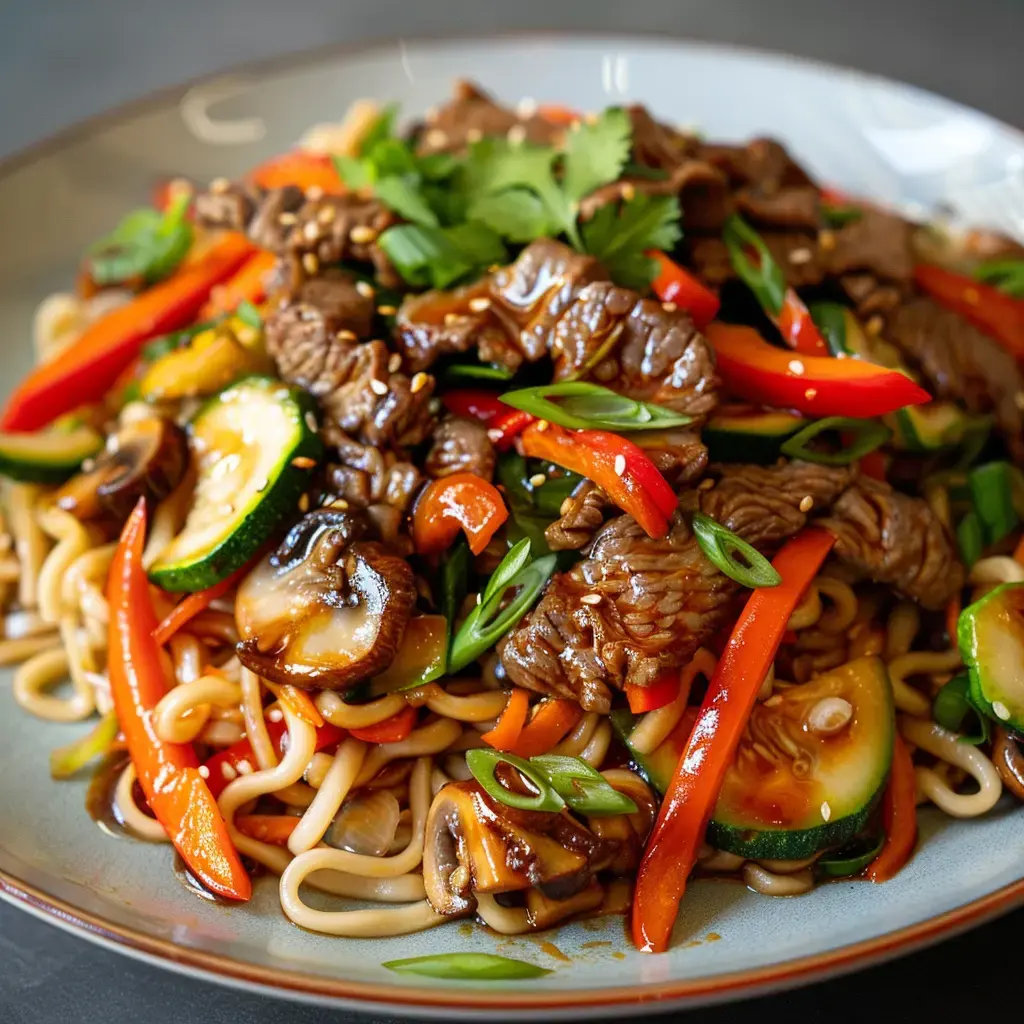 Un bol de nouilles avec du bœuf, des légumes multicolores et de la sauce, décoré de coriandre et oignons nouveaux.