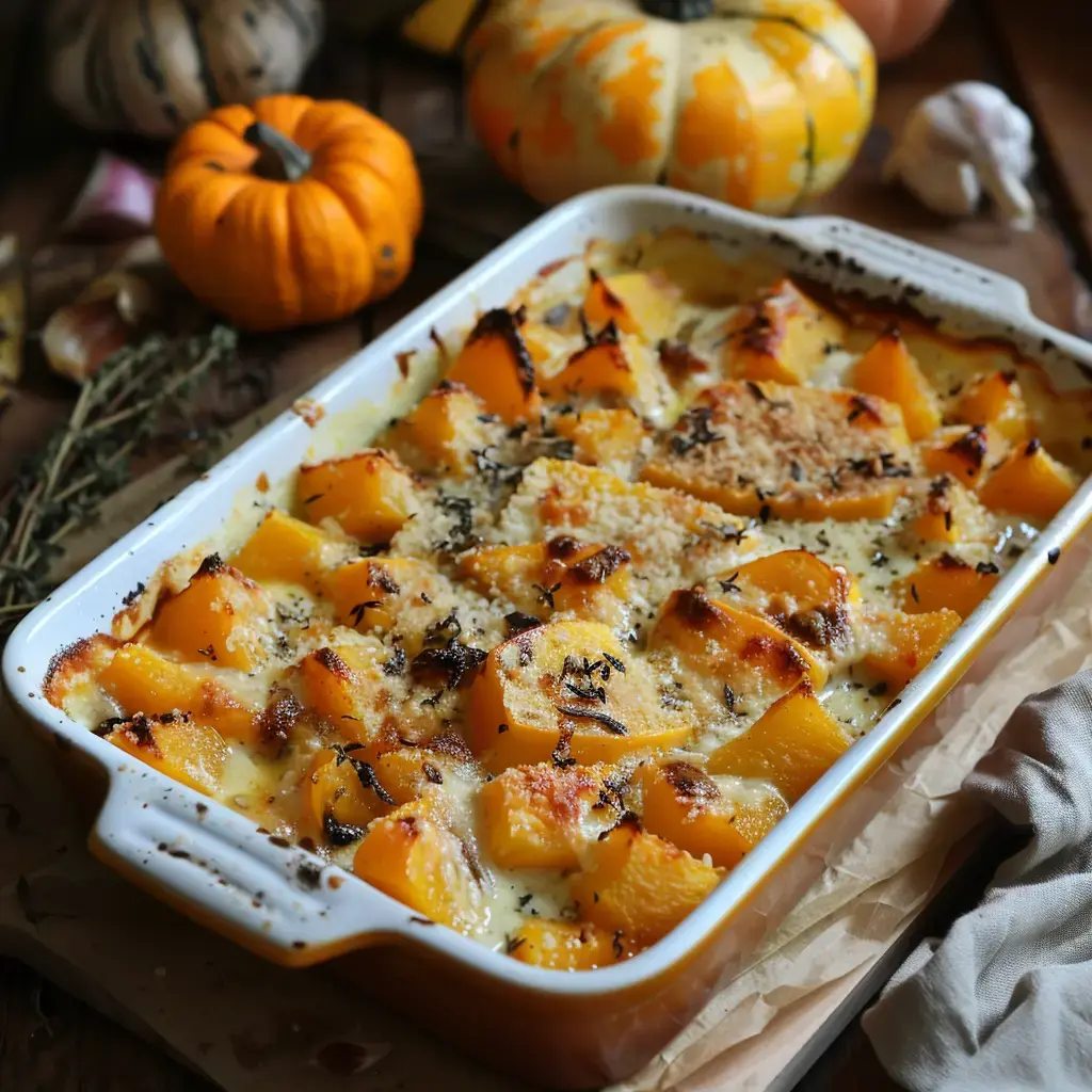 Un gratin de courge doré au four garni de fromage fondu, décoré de petites citrouilles et d'herbes fraîches.