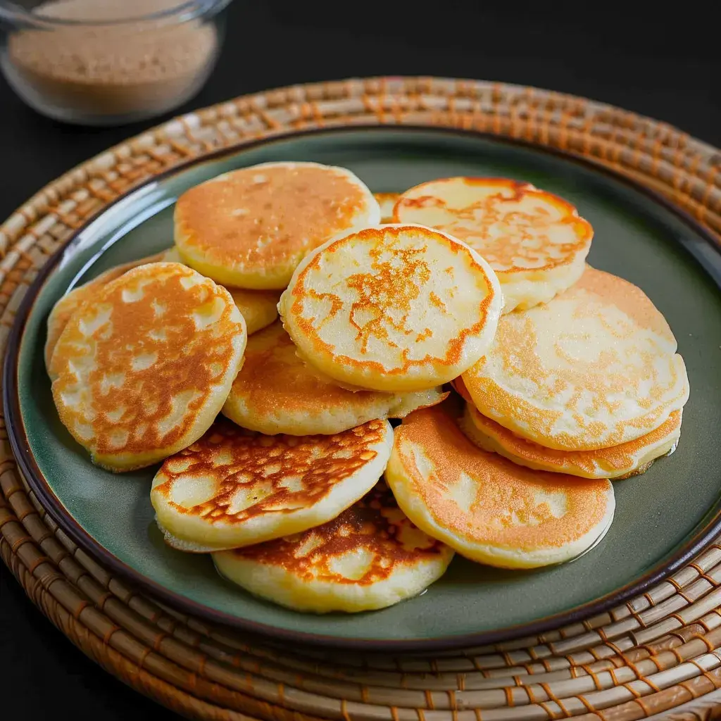 Des crêpes dorées empilées dans une assiette avec un petit bol de sauce visible derrière.