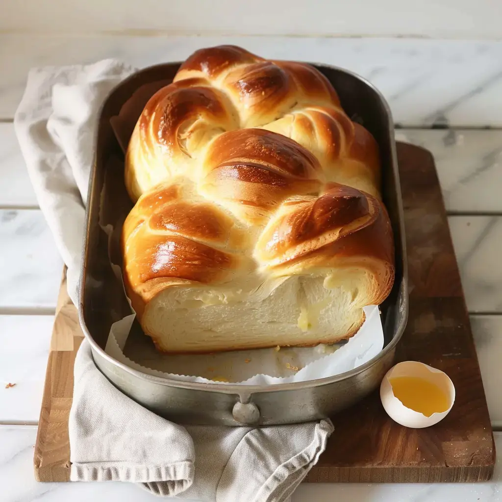 Une brioche dorée et tressée dans un moule métallique, avec une coquille d'œuf cassée à côté.