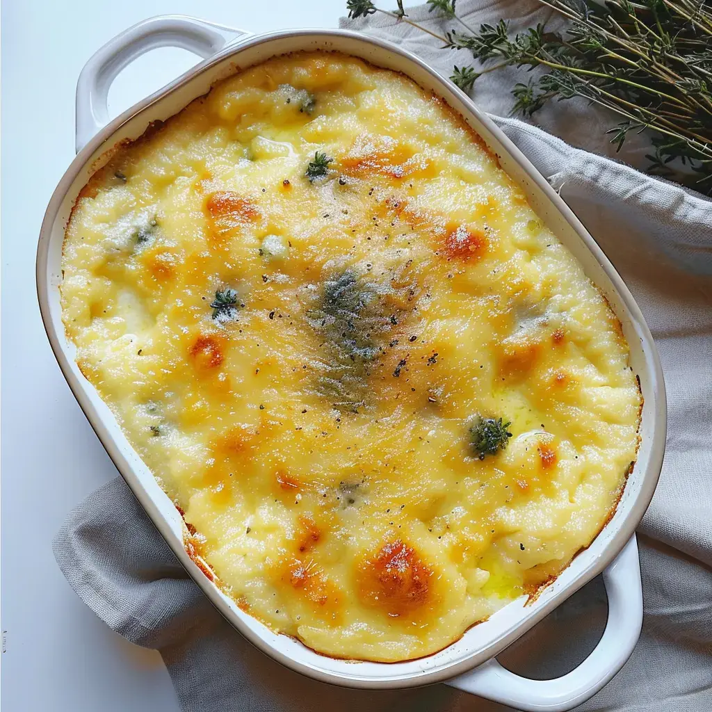 Gratin fumant avec une croûte dorée, décoré d'herbes fraîches, servi dans un plat blanc sur fond simple.