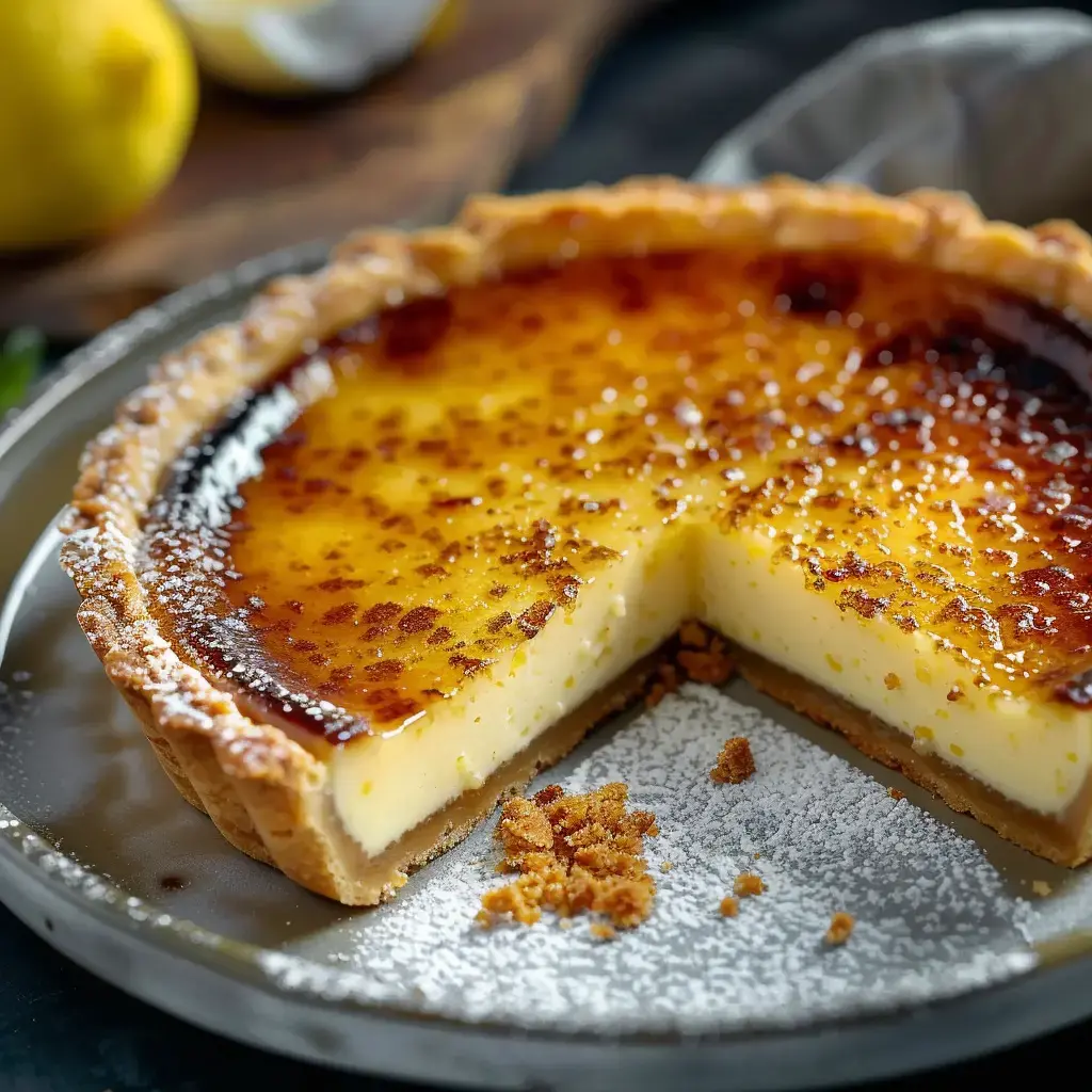 Une délicieuse tarte au citron avec surface caramélisée, croûte parfaitement cuite et légère touche de sucre glace par-dessus.