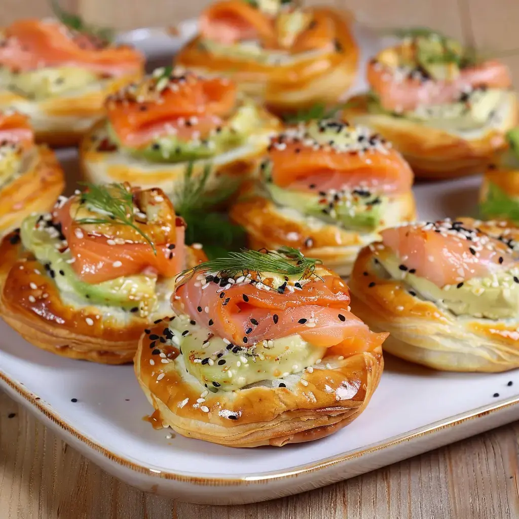 Des amuse-bouches feuilletés garnis de fromage crémeux, saumon fumé et graines de sésame.