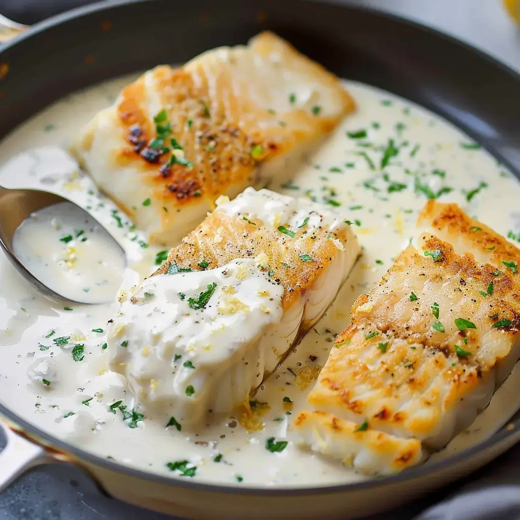 Des morceaux de cabillaud dorés baignant dans une sauce crémeuse, parsemés de persil frais et zestes de citron, servis dans une poêle.
