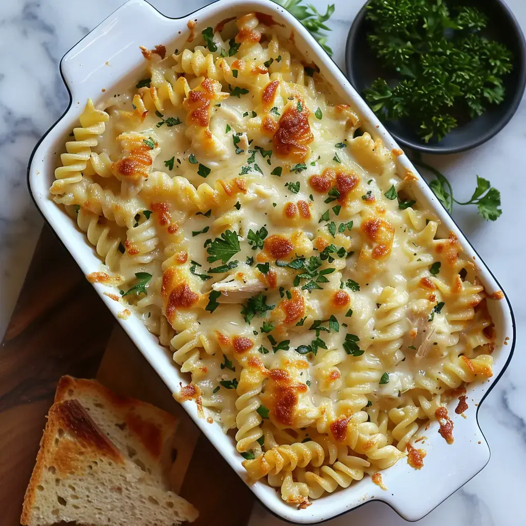 Un gratin de pâtes crémeux avec fromage doré et persil, servi avec du pain grillé à côté.