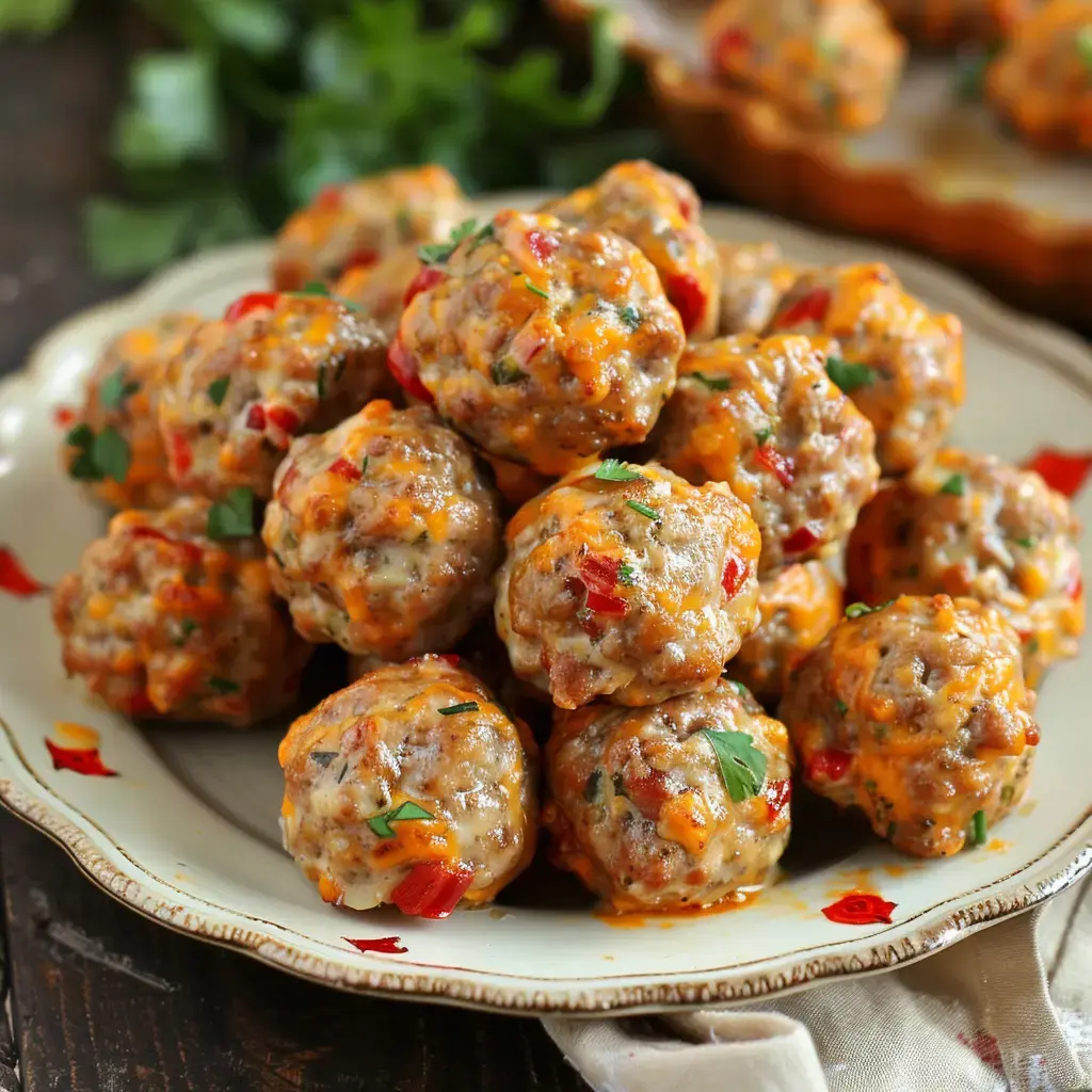 Des petites boulettes garnies de fromage et poivrons, servies sur un joli plat de présentation.