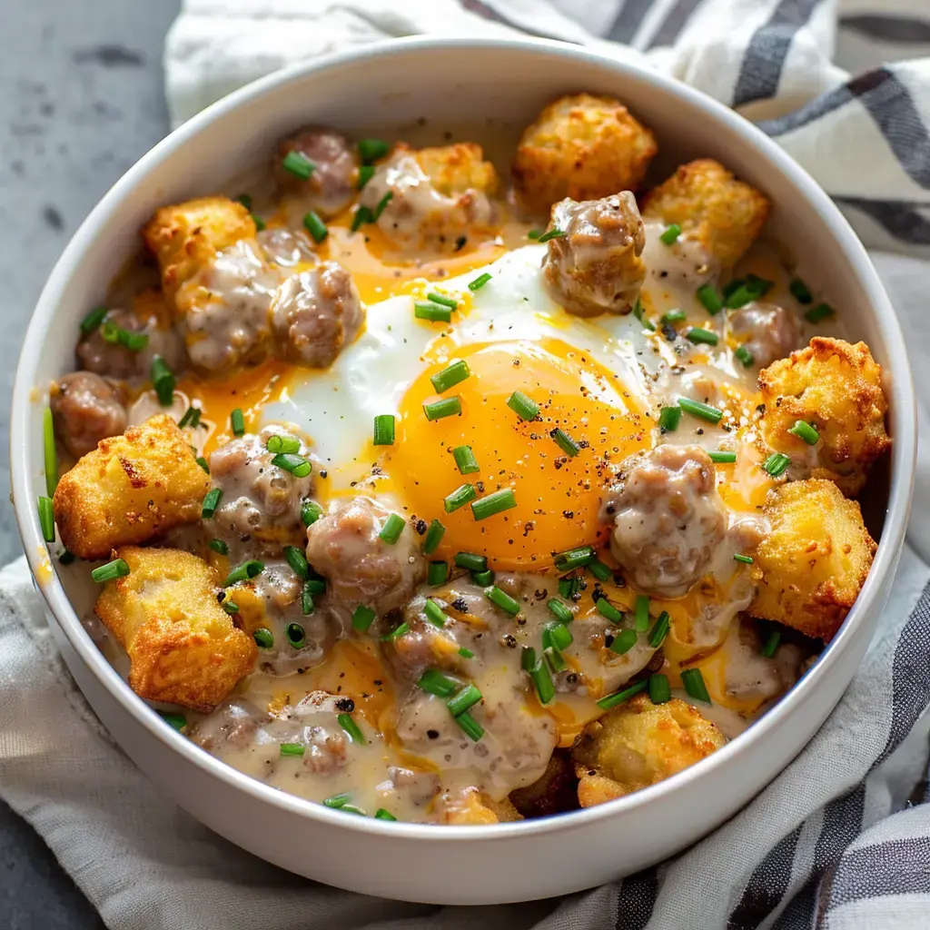 Un bol qui déborde de pommes de terre grillées, saucisse, sauce crémeuse et œuf au plat recouvert de ciboulette.