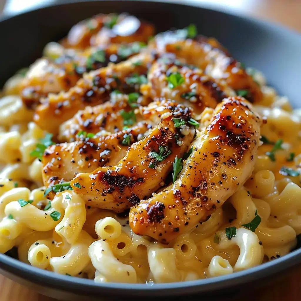 Une assiette de macaronis nappés de sauce crémeuse avec des morceaux de poulet grillé dessus, parsemée d'herbes fraîches.
