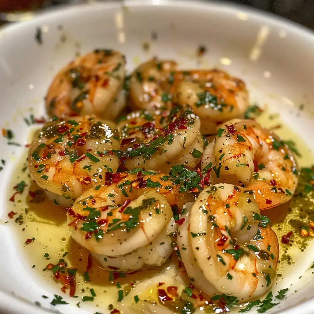 Gambas assaisonnées avec des herbes et épices, disposées dans une assiette.