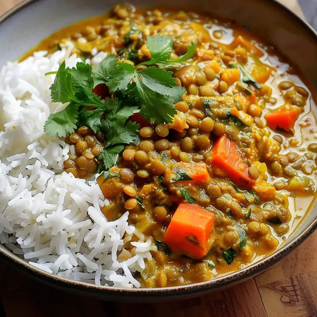 Curry de lentilles aux carottes servi sur riz blanc et parsemé de coriandre fraîche.