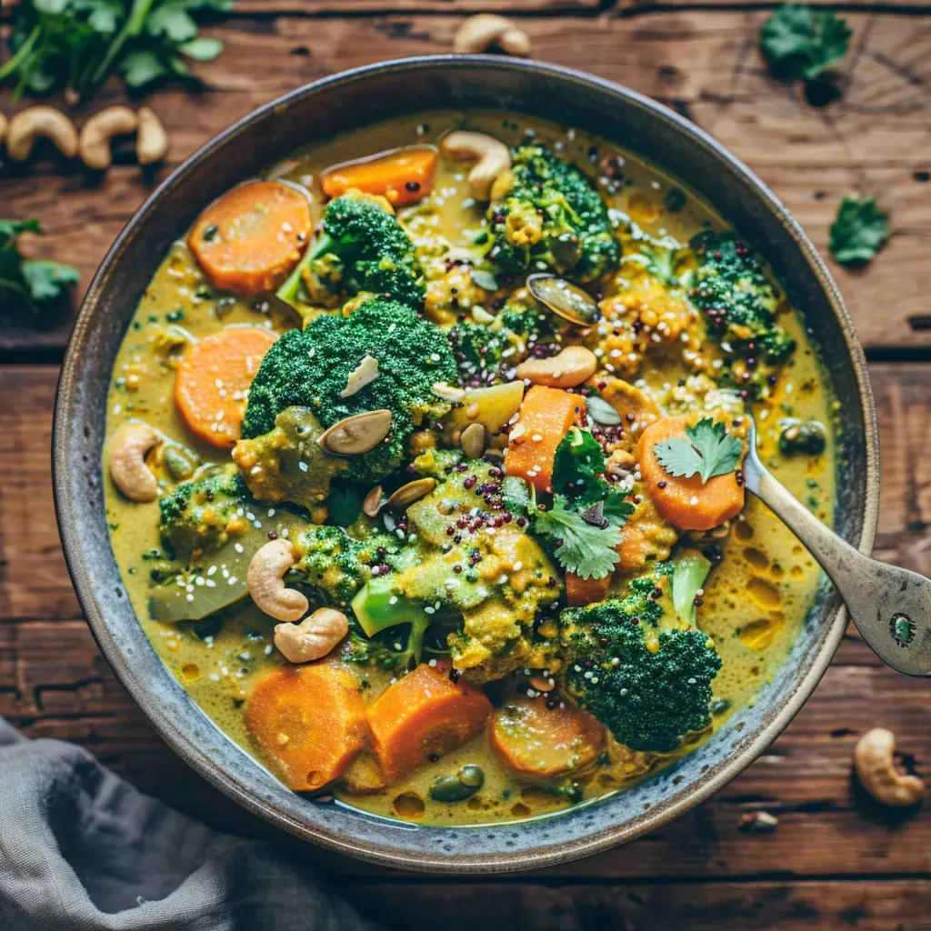 Un bol rempli d'une soupe consistante avec brocolis, carottes et noix, parsemé de graines et feuilles de coriandre.