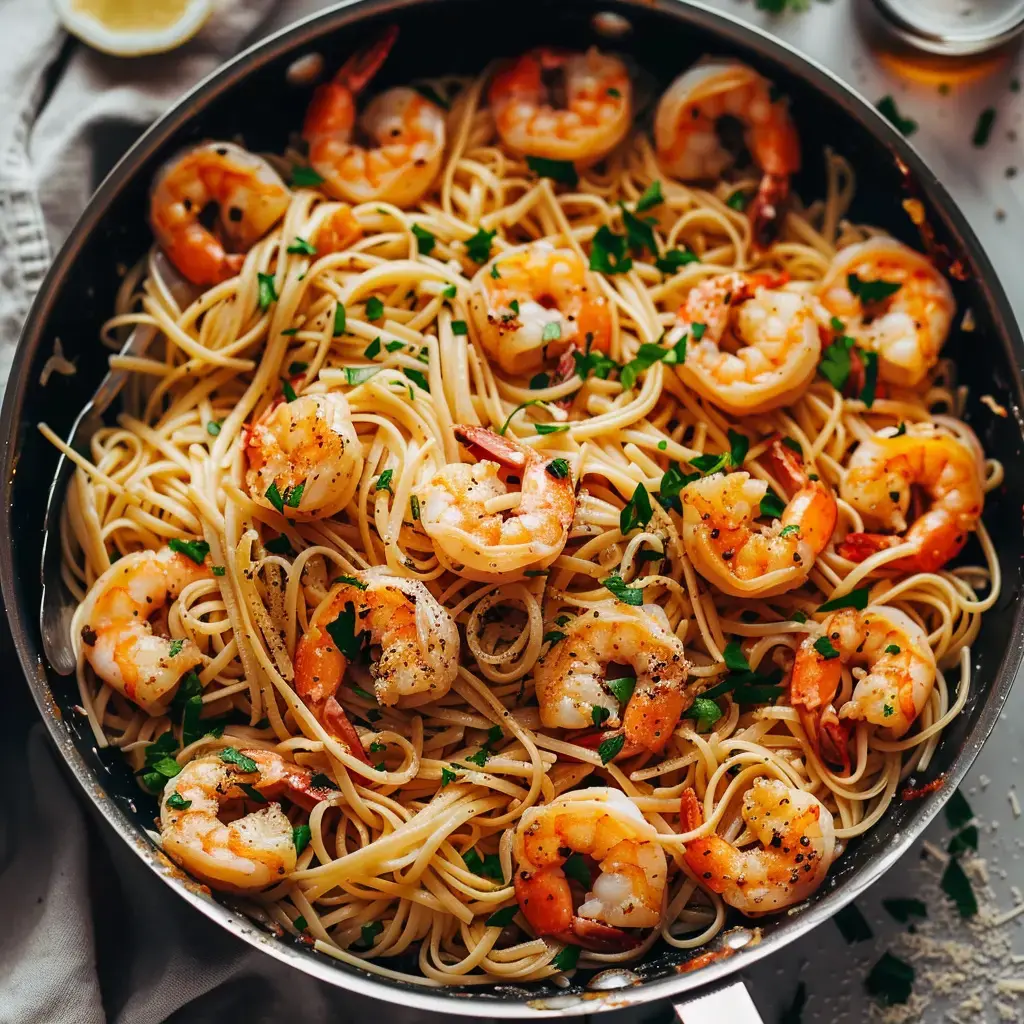 Un plat de pâtes aux gambas parsemé de persil frais, servi dans une grande poêle.