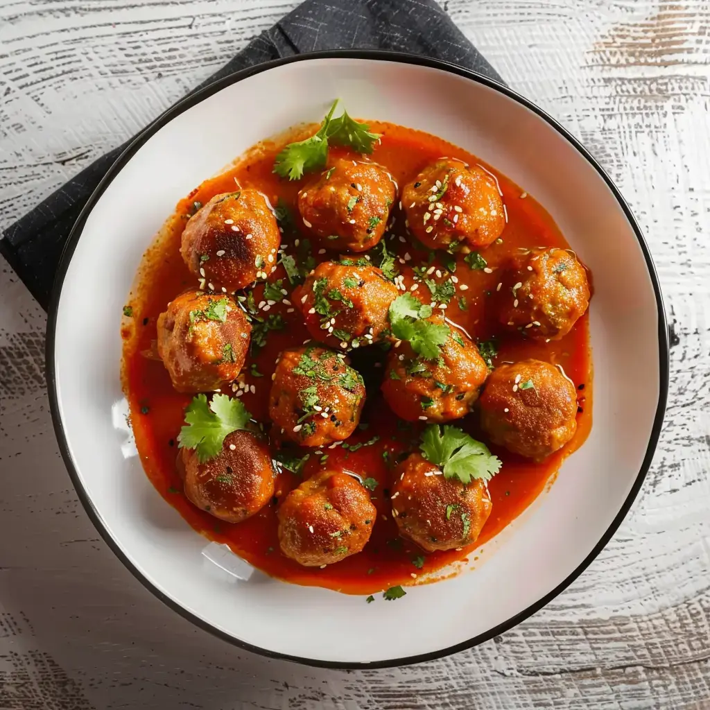 Boulettes en sauce rouge, décorées de coriandre et graines de sésame, servies dans une assiette claire.