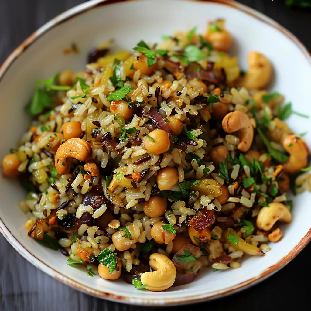 Délicieux Riz Sauvage Épicé avec Pois Chiches, Noix de Cajou et Oignons Dorés