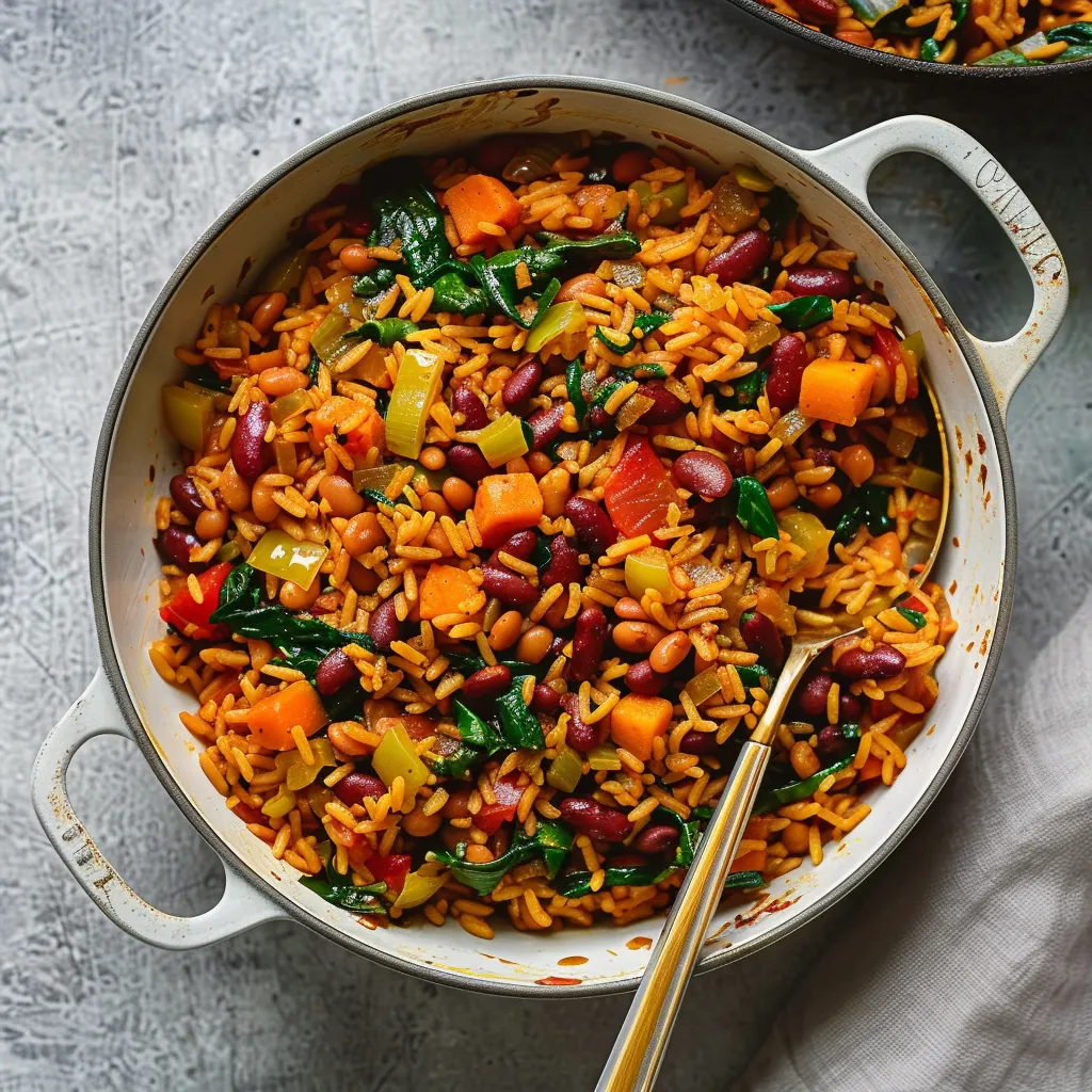 Pelau Vegan des Caraïbes en Une Seule Casserole avec Haricots et Épinards