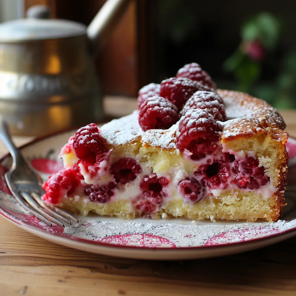Gâteau moelleux au yaourt garni de framboises