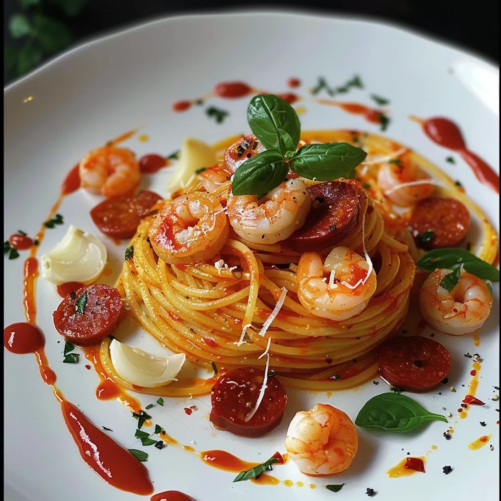 Spaghetti Sauce Crémeuse aux Poivrons avec Chorizo et Crevettes