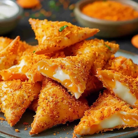 Des triangles croquants garnis de fromage fondant, enrobés de miettes de chips Doritos dorées.