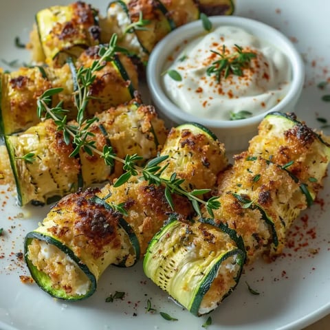 Courgettes roulées garnies de fromage, toastées et servies avec une touche de sauce.