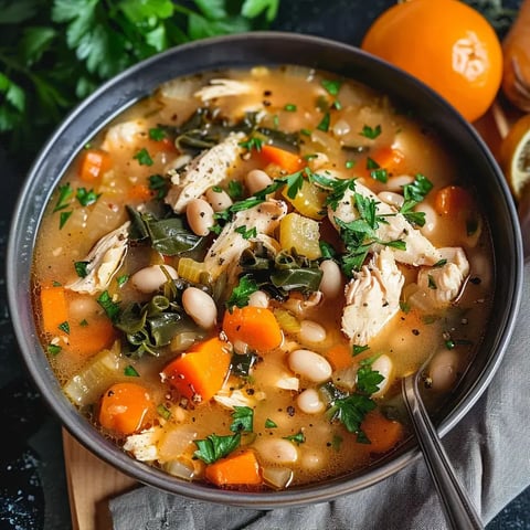 Un bouillon appétissant avec morceaux de poulet, légumineuses blanches et légumes multicolores, parsemé d'herbes fraîches.