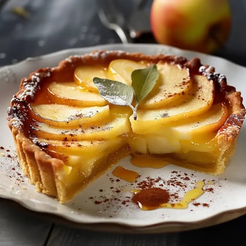 Un flan aux pommes avec ses tranches de pommes bien dorées, nappé de sirop et saupoudré de cannelle sur une jolie assiette.