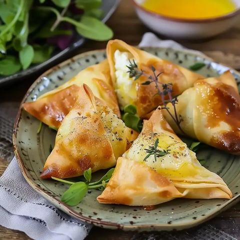 Petits triangles dorés, croquants et farcis au chèvre fondant, servis avec quelques jeunes pousses.