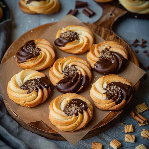 Rosaces trempées dans le chocolat noir, parsemées de cristaux de sucre, présentées sur une planche.