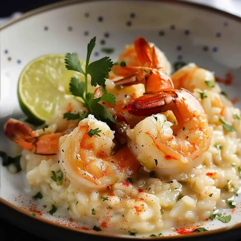 Une assiette de riz crémeux surmonté de crevettes roses, un morceau de citron vert et quelques feuilles de coriandre.