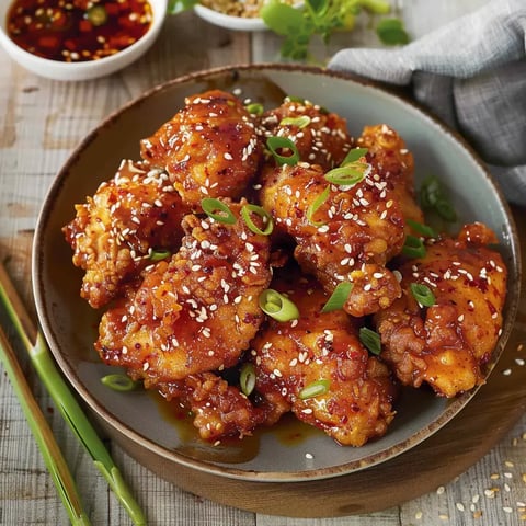 Morceaux de poulet frits dorés et enrobés d'une sauce épicée avec sésame et oignons verts.