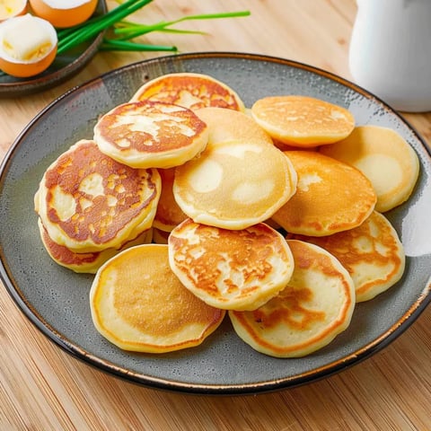 Des blinis dorés joliment posés sur une table en bois.