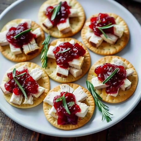 Crackers garnis de dinde, confiture rouge et romarin.