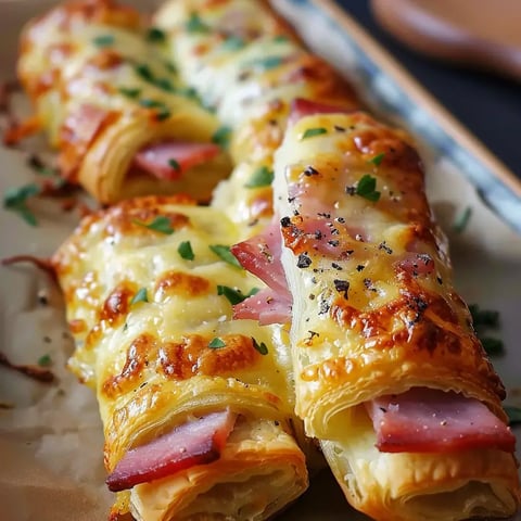 De délicieux feuilletés dorés au jambon et fromage, saupoudrés de persil.