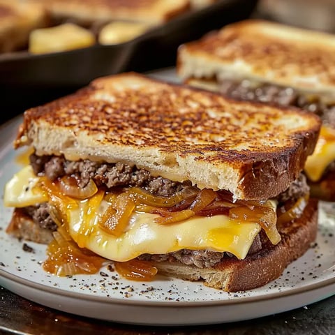 Un toast grillé avec viande, fromage fondu et oignons fondants.
