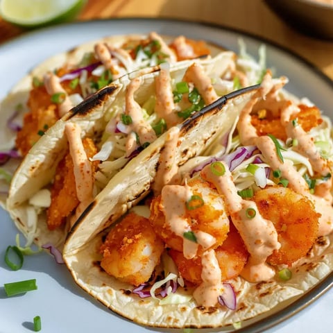 Assiette remplie de tacos croustillants aux crevettes panées, salade de chou et sauce.