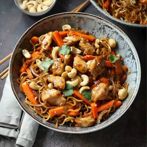 Un bol rempli de nouilles garnies de poulet sauté, carottes colorées, cajou dorés et coriandre fraîche, parsemé de sésame.