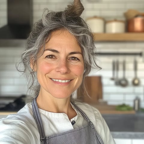 Une femme souriante, portant un tablier et une cape, se tient devant un four.